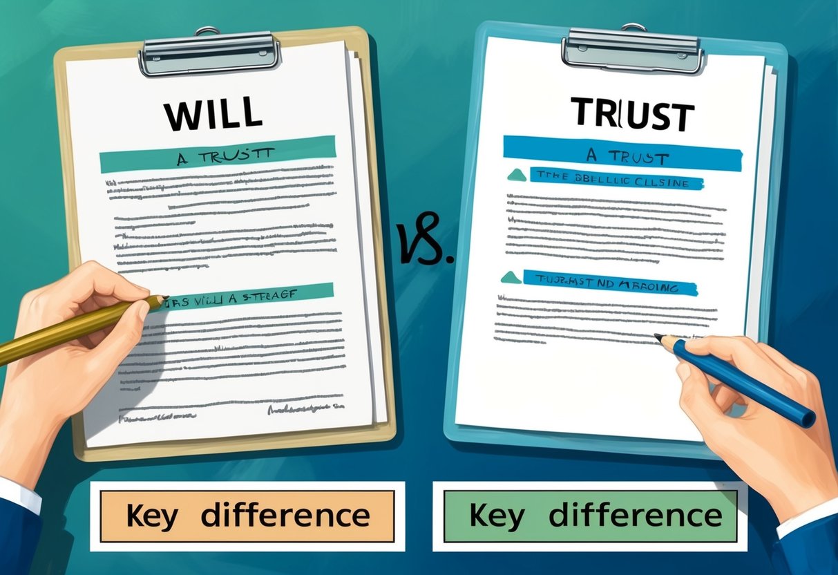 A will and a trust side by side, with key differences highlighted in text boxes