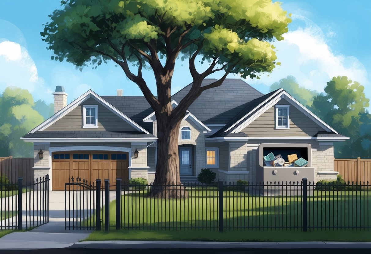 A family home with a sturdy oak tree, surrounded by a protective fence, and a safe filled with valuable assets