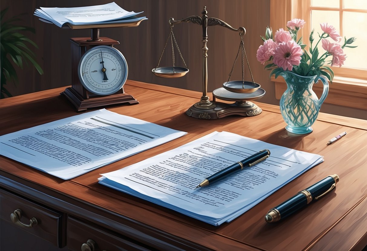 A wooden desk with a pen, paper, and legal documents. A vintage scale and a vase of flowers sit nearby