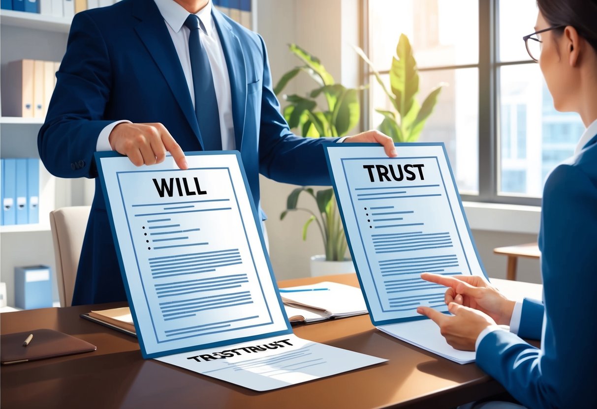 A lawyer presenting a will and a trust side by side, pointing out key differences to a client in a well-lit office setting
