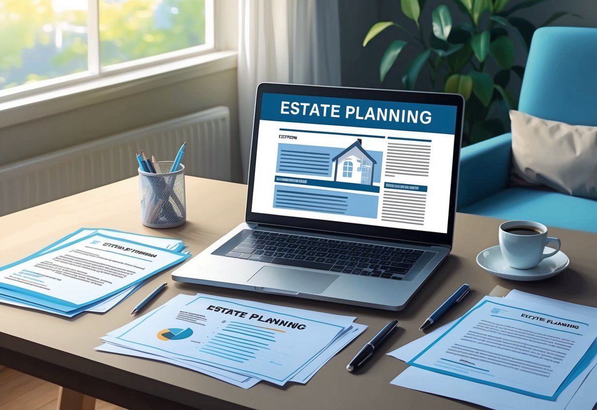 A desk with a pen, paper, and legal documents. A laptop displaying estate planning information. A comfortable chair and a peaceful setting