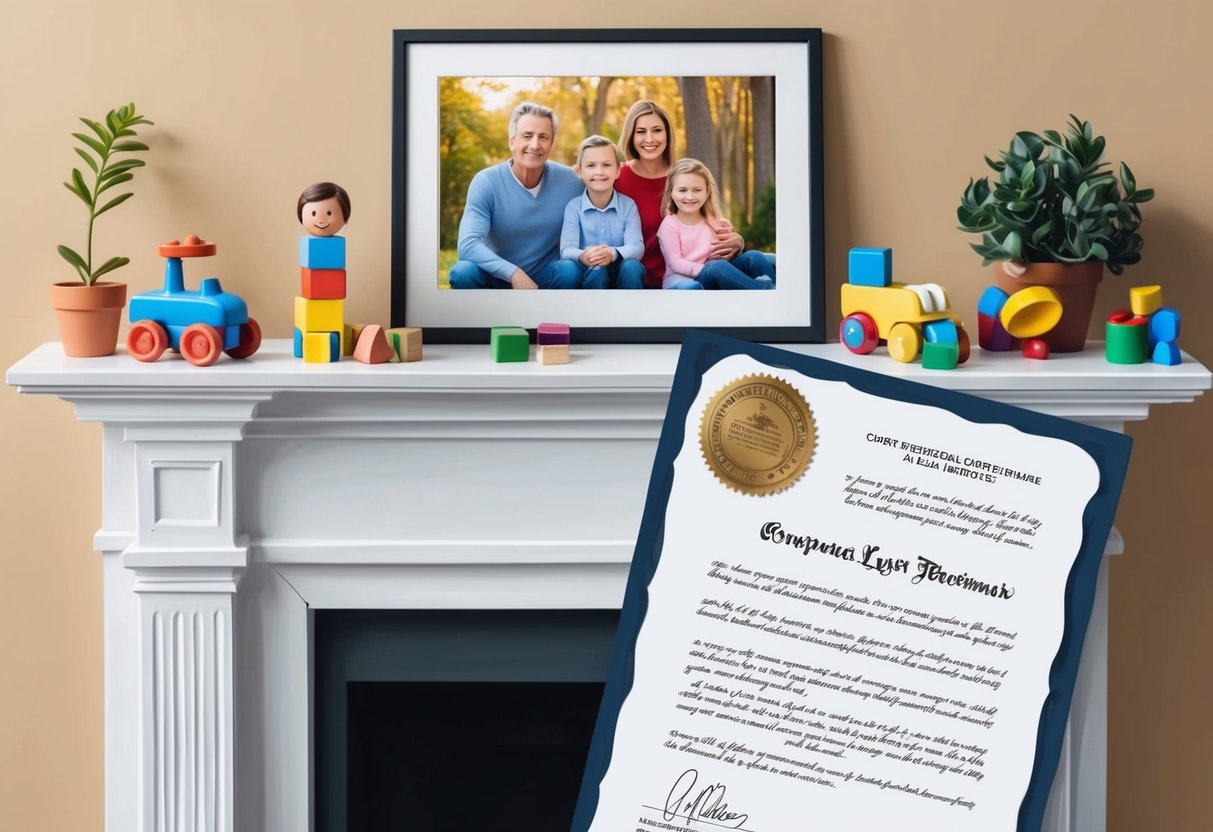A family photo on a mantle, with children's toys scattered around, and a legal document with a seal and signature