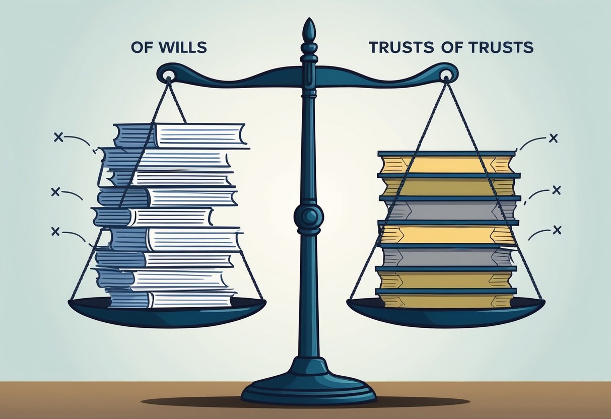 A scale balancing a stack of wills on one side and a stack of trusts on the other, with arrows pointing to six key differences between the two