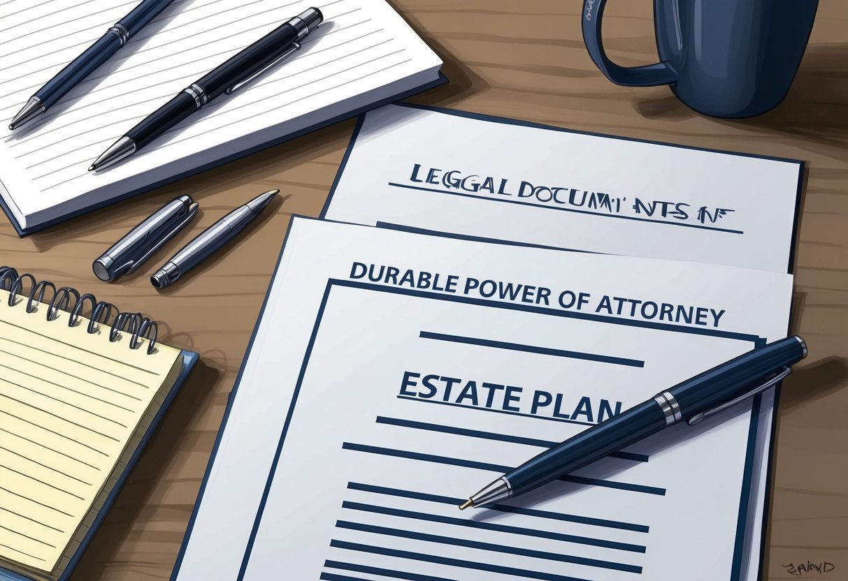 A desk with a pen, paper, and legal documents. A stack of papers labeled "Durable Power of Attorney" and "Estate Plan" sits next to a notepad and a pen