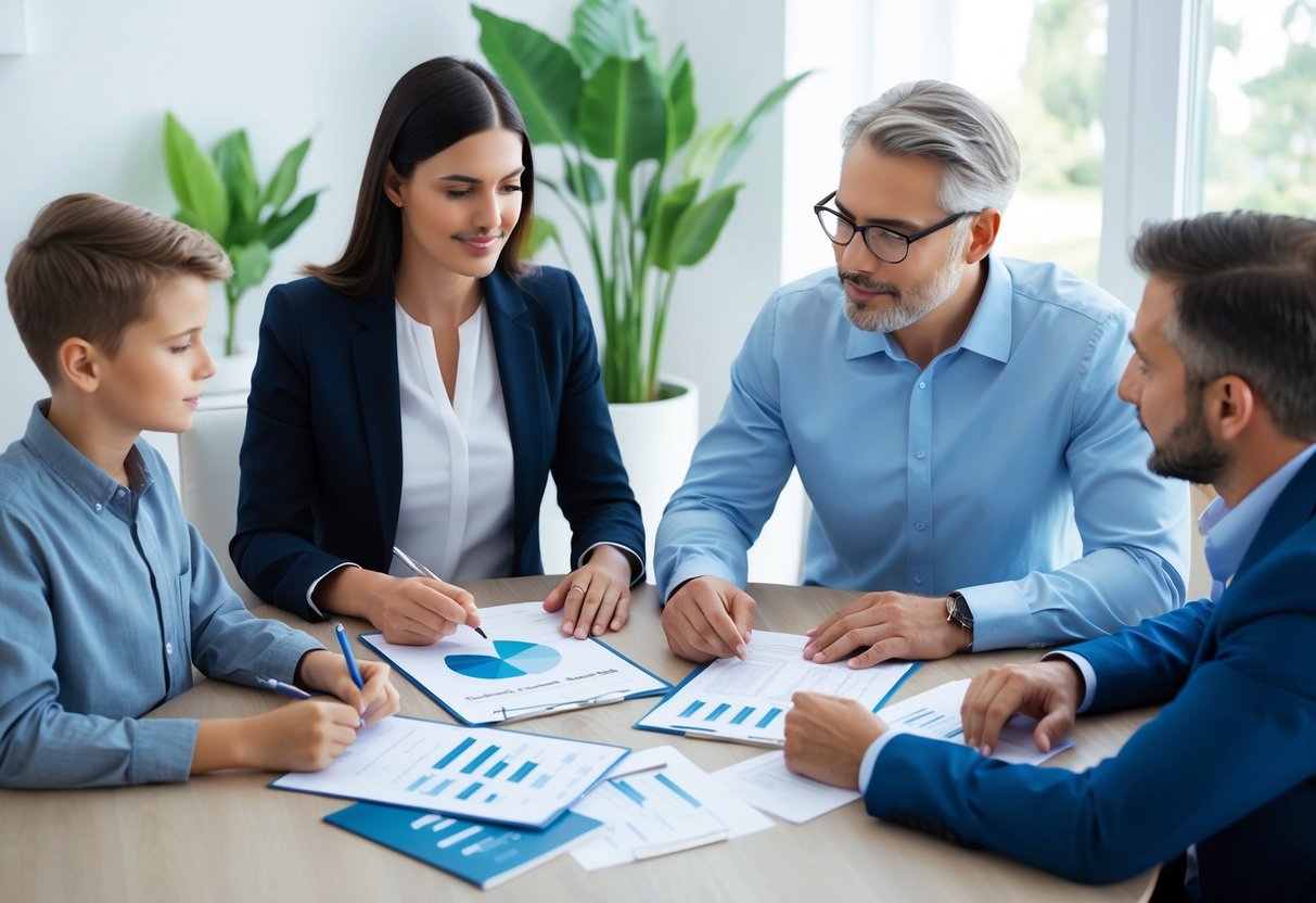 A family gathered around a table with financial documents, discussing estate planning with a professional advisor