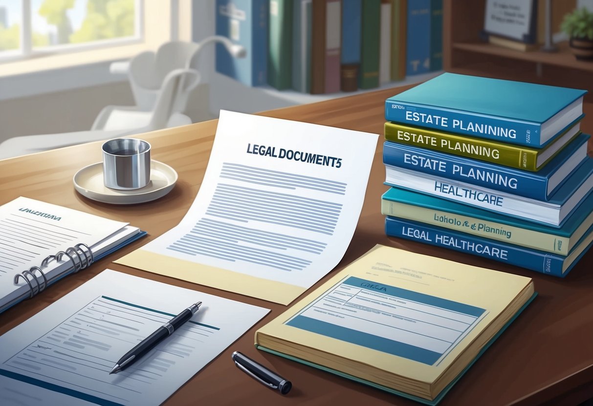 A desk with a pen, paper, and legal documents, surrounded by a stack of books on estate planning and healthcare