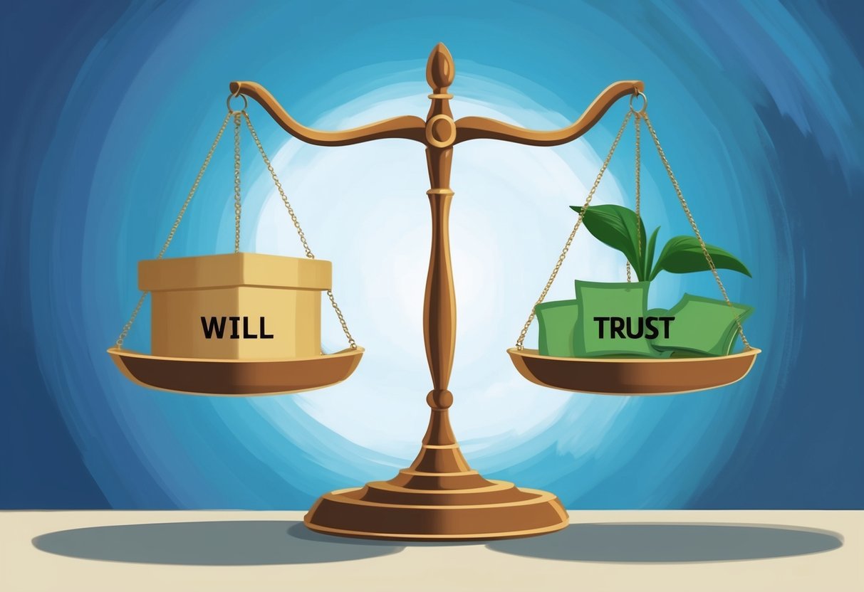 A will and a trust symbolized by a scale, with the will outweighing the trust to represent the key differences in privacy levels