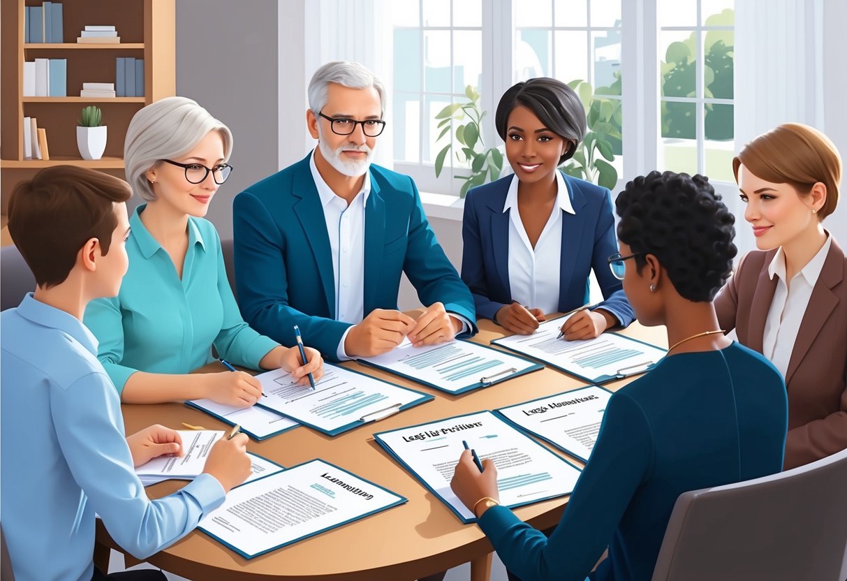A family sitting around a table with legal documents, discussing healthcare preferences and estate planning