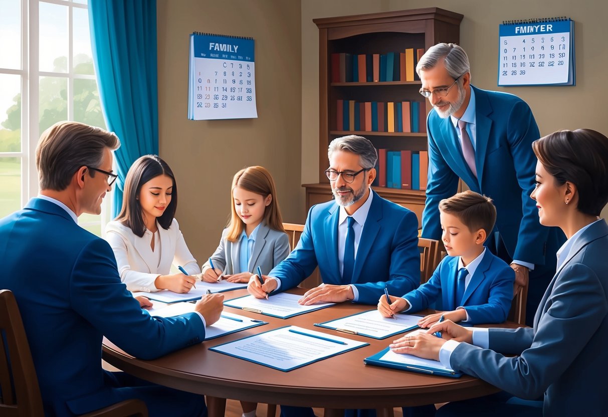 A family sitting around a table, signing legal documents with a lawyer present. A calendar on the wall shows the date