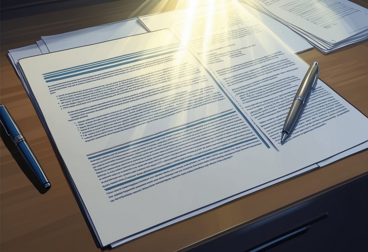 A desk with a pen, paper, and legal documents arranged neatly. A ray of light shines on the documents, emphasizing their importance