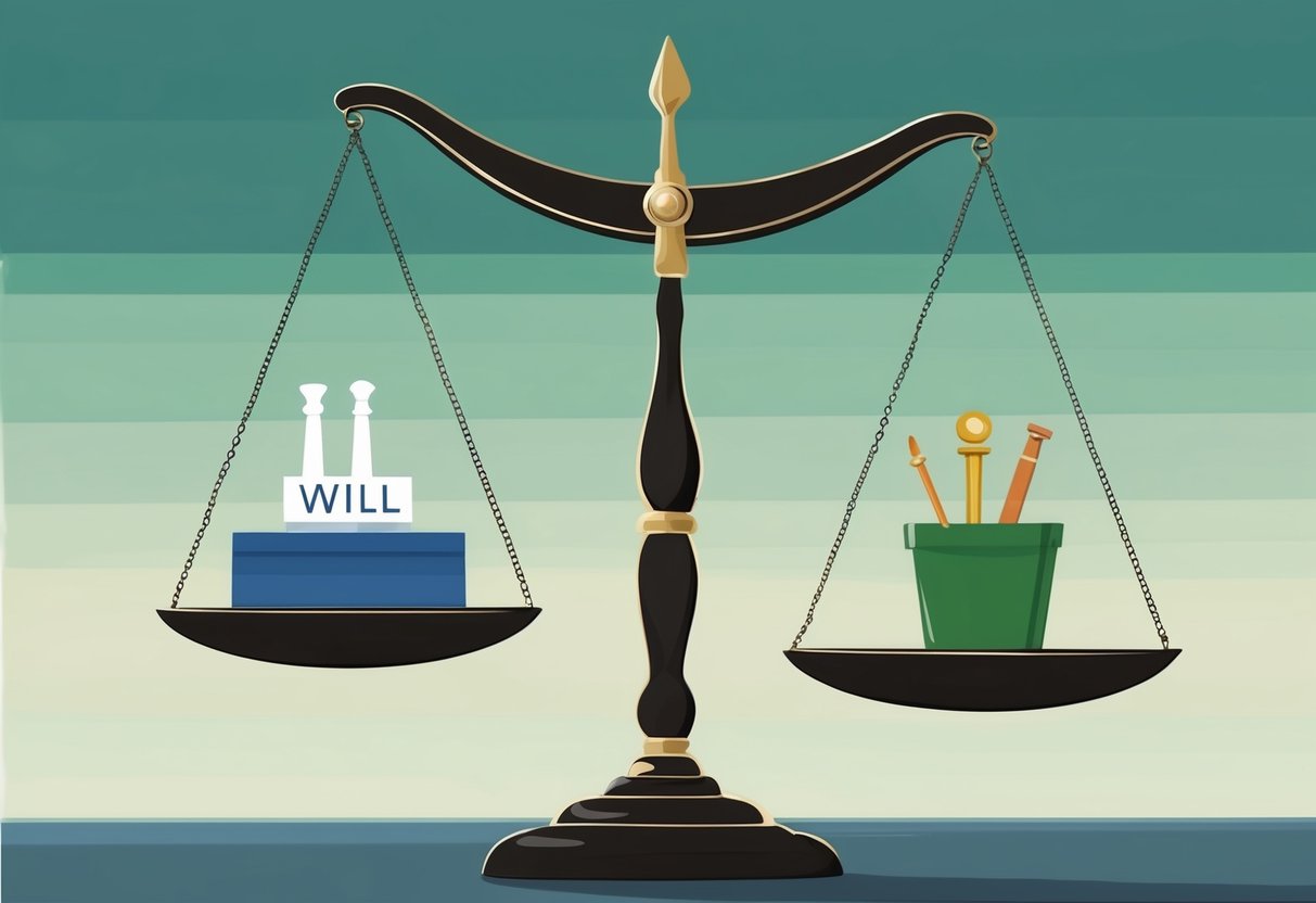 A scale with a will on one side and a trust on the other, with six distinct items representing the key differences between the two