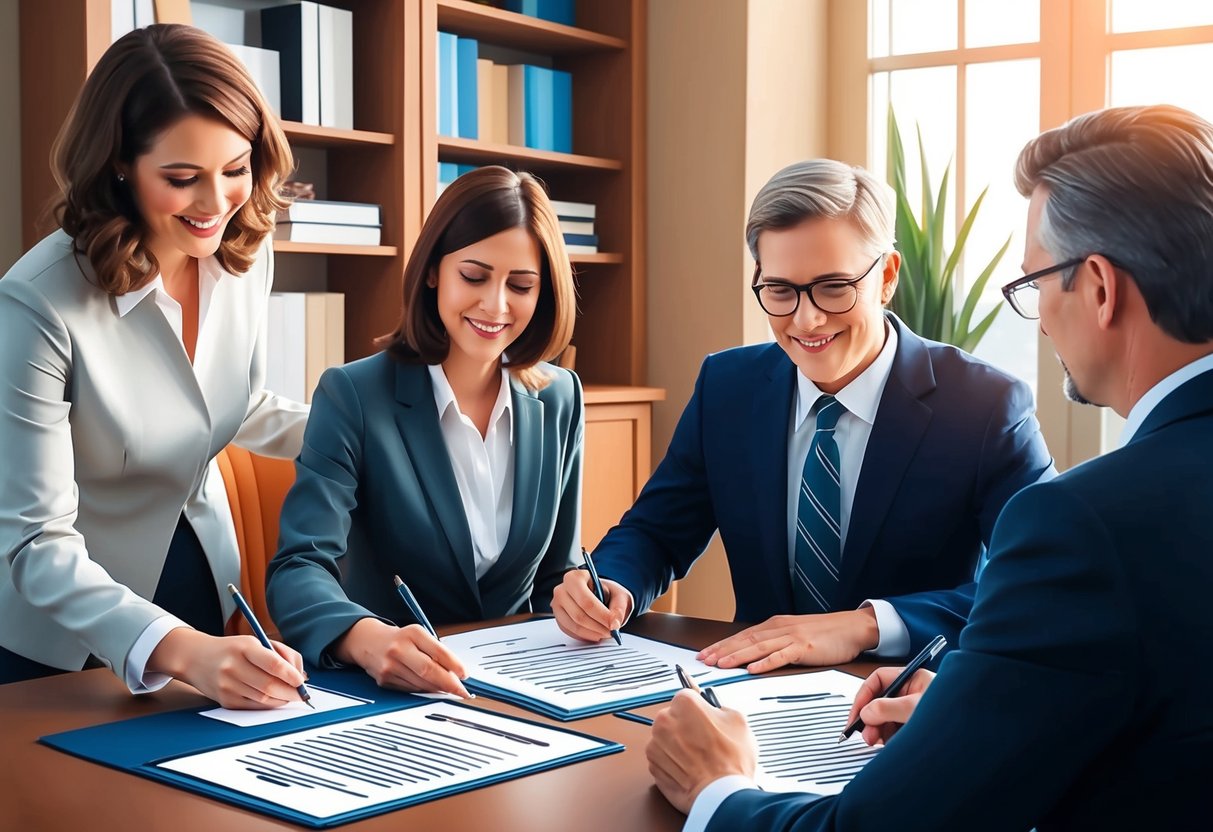 A family sitting around a table signing legal documents with a lawyer present