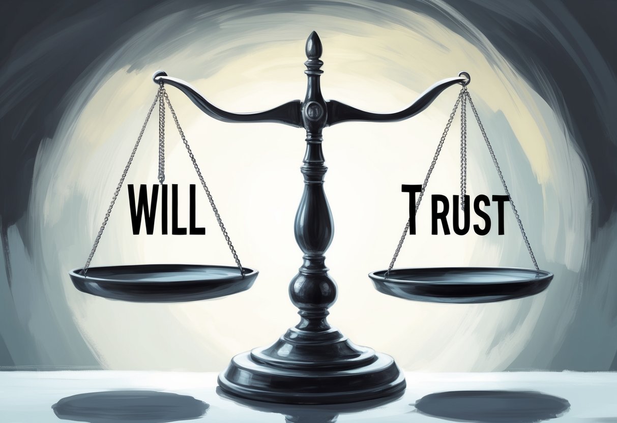 A scale with a will on one side and a trust on the other, balanced in the middle