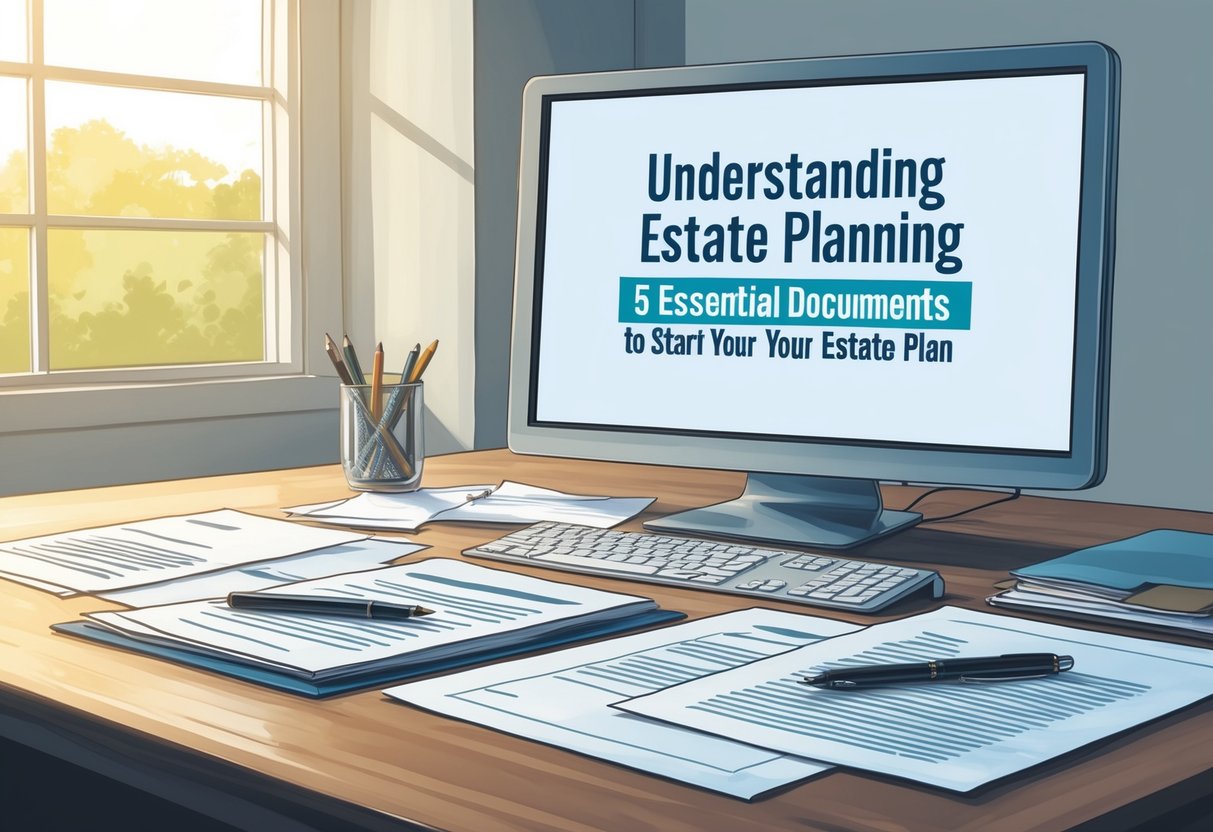 A desk with a pen, paper, and legal documents spread out. A computer screen displays "Understanding Estate Planning 5 Essential Documents to Start Your Estate Plan."