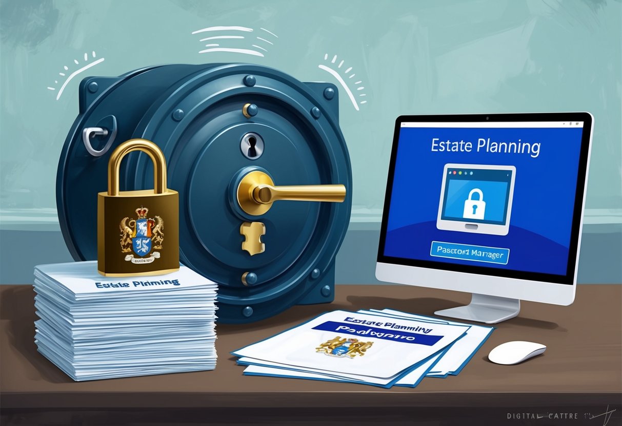 A secure digital vault with a padlock, key, and family crest. A stack of documents labeled "Estate Planning" and a computer screen displaying a password manager