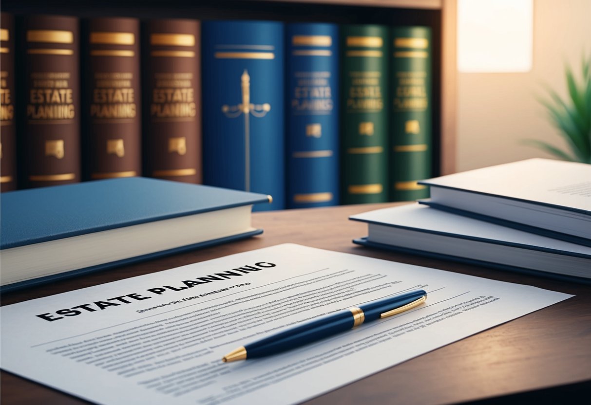 A desk with a pen, paper, and legal documents. A bookshelf in the background holds volumes on estate planning