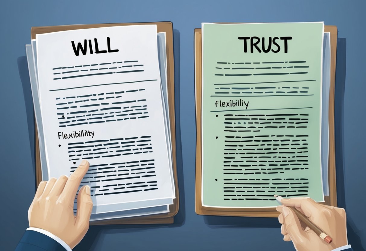A will and a trust side by side, each with distinct characteristics and features, representing the differences in flexibility between the two estate planning documents