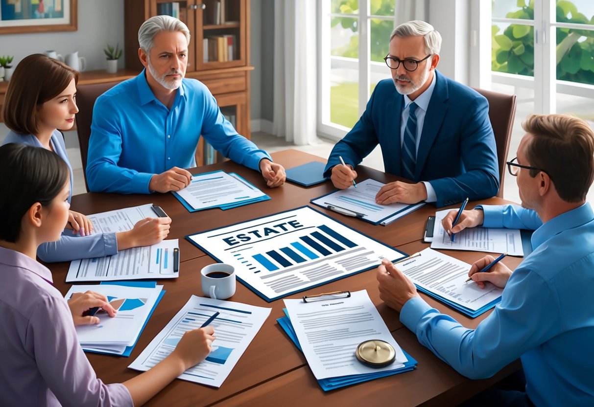 A family sitting around a table, discussing and planning their estate with legal documents and financial papers spread out in front of them