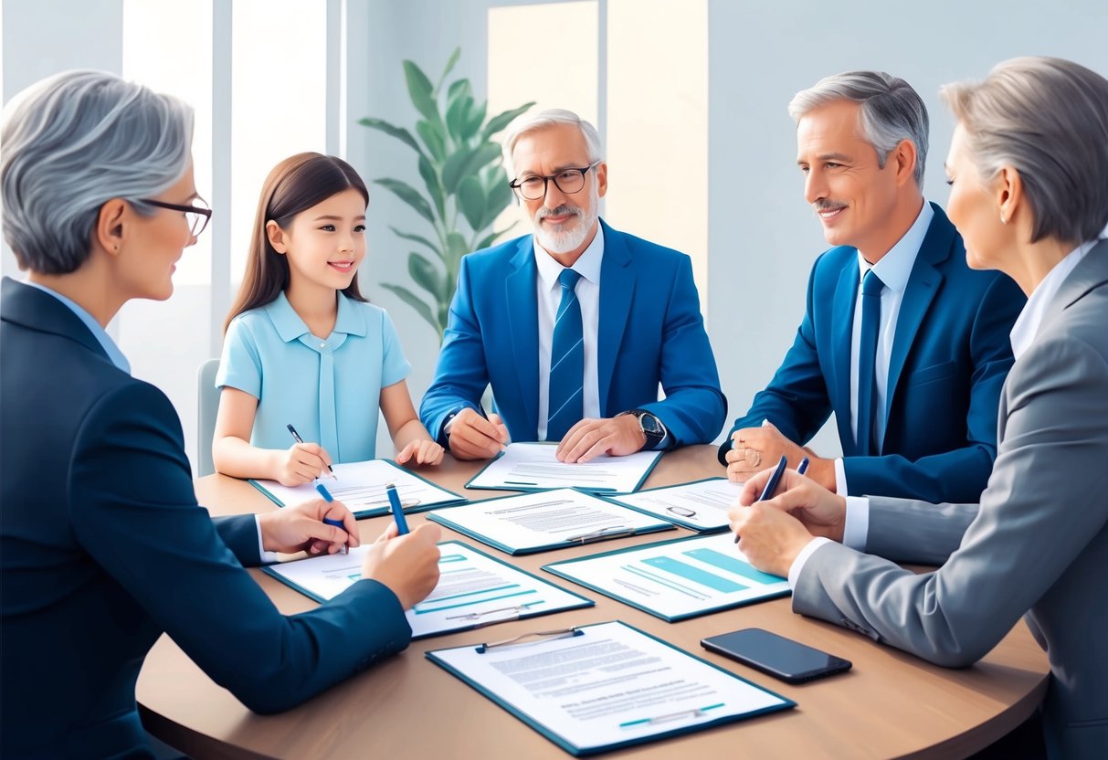 A family sitting around a table with legal documents, discussing estate planning with a lawyer