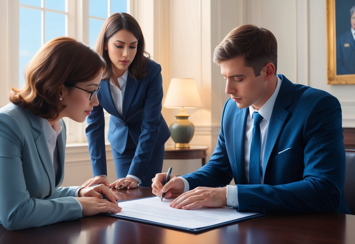 A person signing a legal document while another person looks on