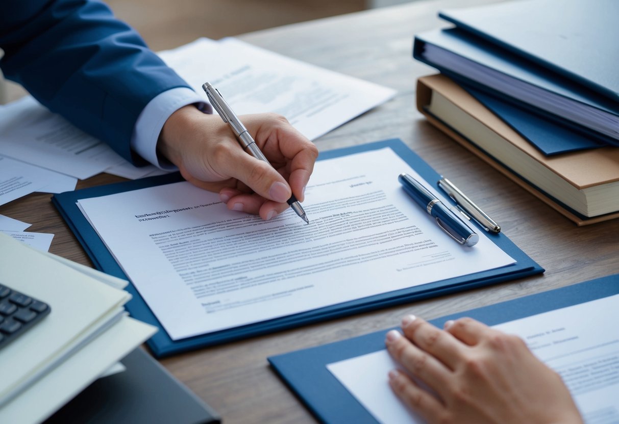 A person signing a legal document with a pen, surrounded by various papers and folders related to estate planning