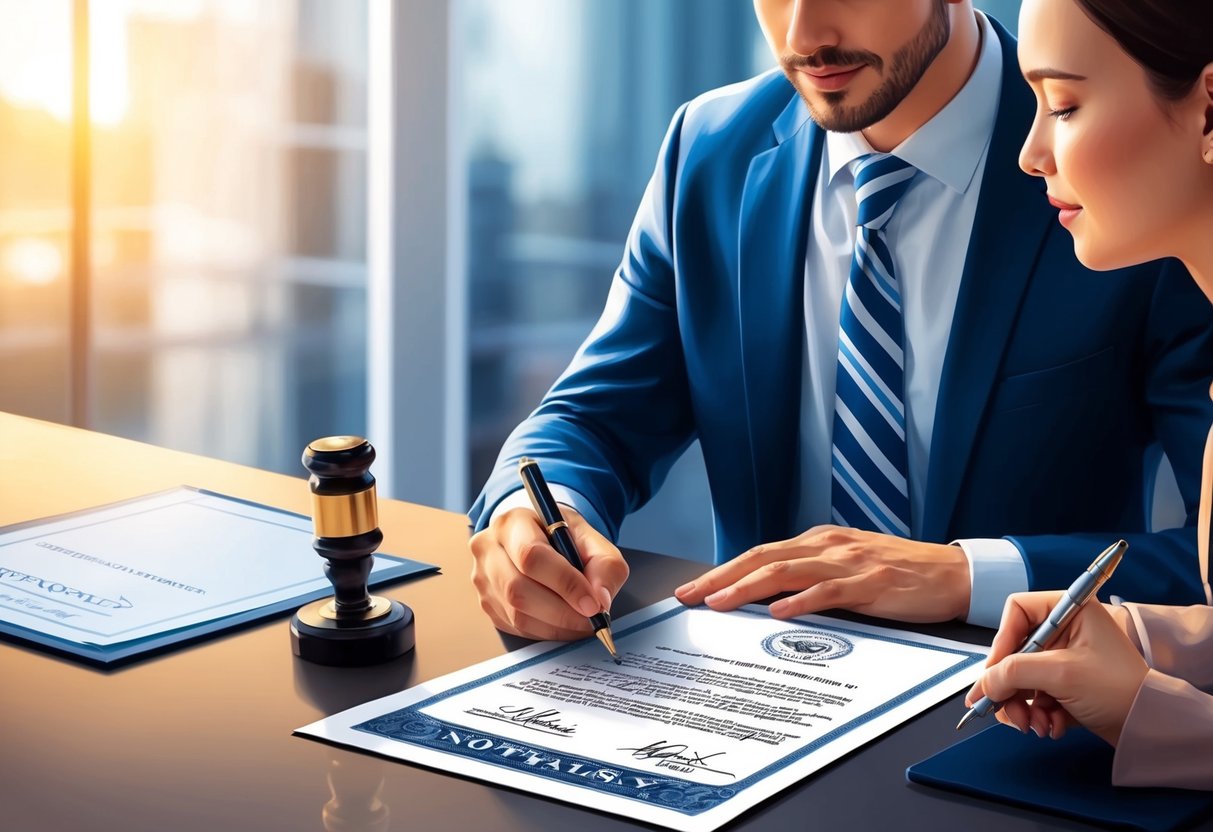 A person signing a document with a notary stamp and a witness present