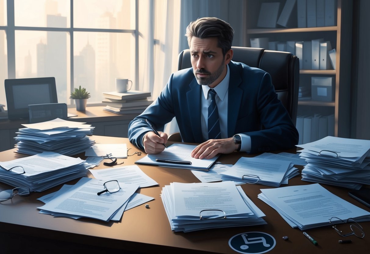 A cluttered desk with scattered legal documents, a confused expression, and a wheelchair symbol crossed out