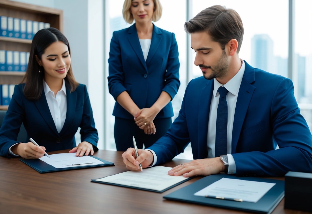 A person signing a legal document with a lawyer, while another person observes