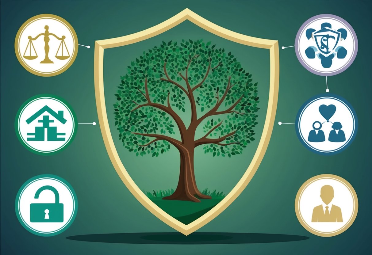 A family tree surrounded by a protective shield, with eight different symbols representing various ways to safeguard a trust fund for children's inheritance through estate planning