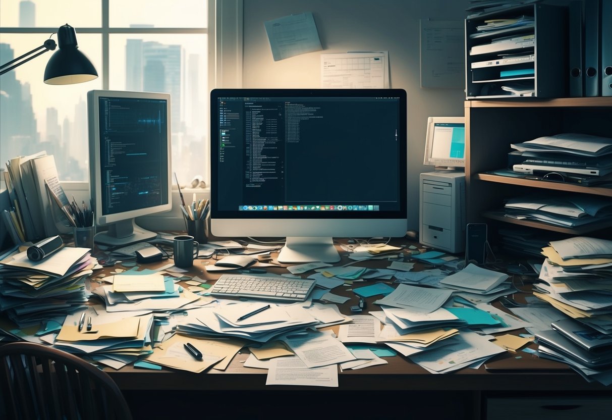 A cluttered desk with scattered papers and a neglected computer screen, surrounded by disorganized digital devices and files