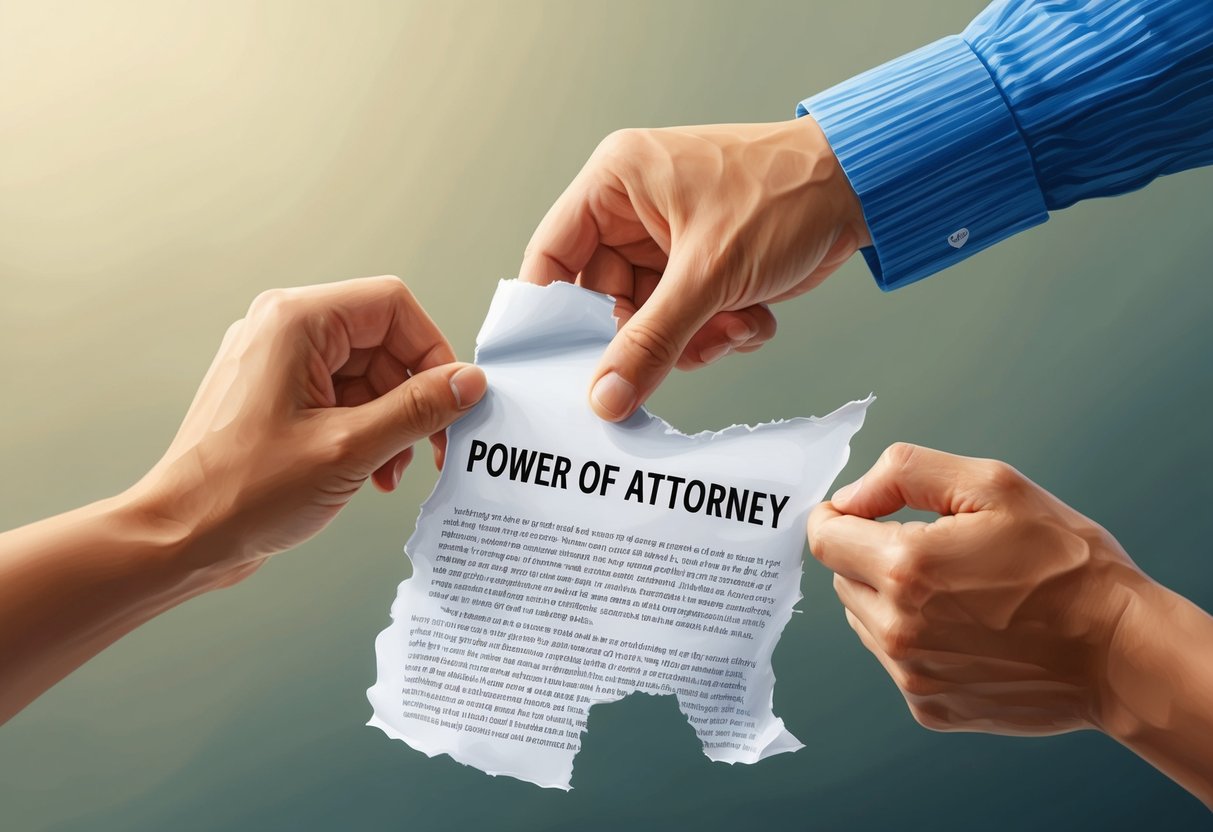 A hand holding a torn piece of paper, a document with the title "Power of Attorney," while another hand reaches out to take it back