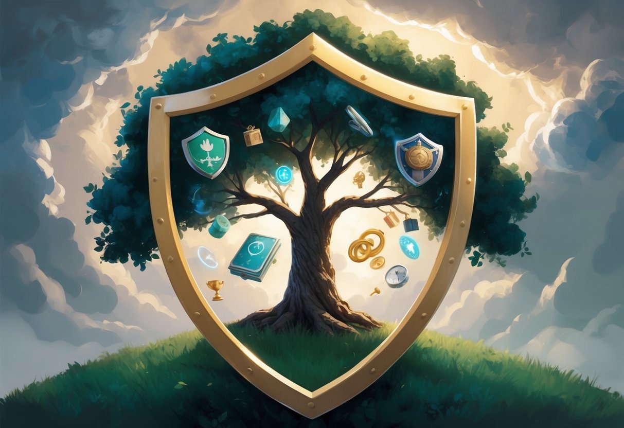 A family tree surrounded by a protective shield, with various assets and symbols of inheritance floating within it