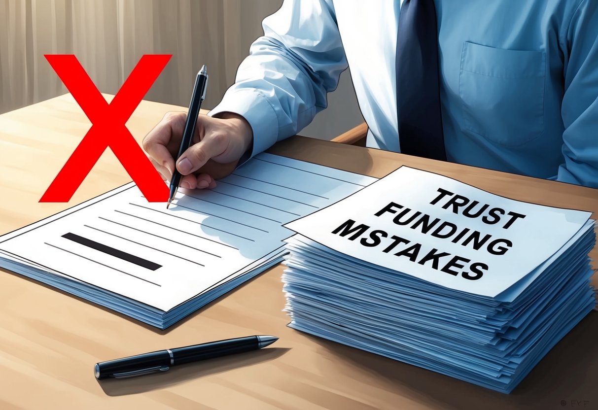 A person signing a document with a large red "X" over it, while a stack of papers labeled "Trust Funding Mistakes" sits untouched nearby