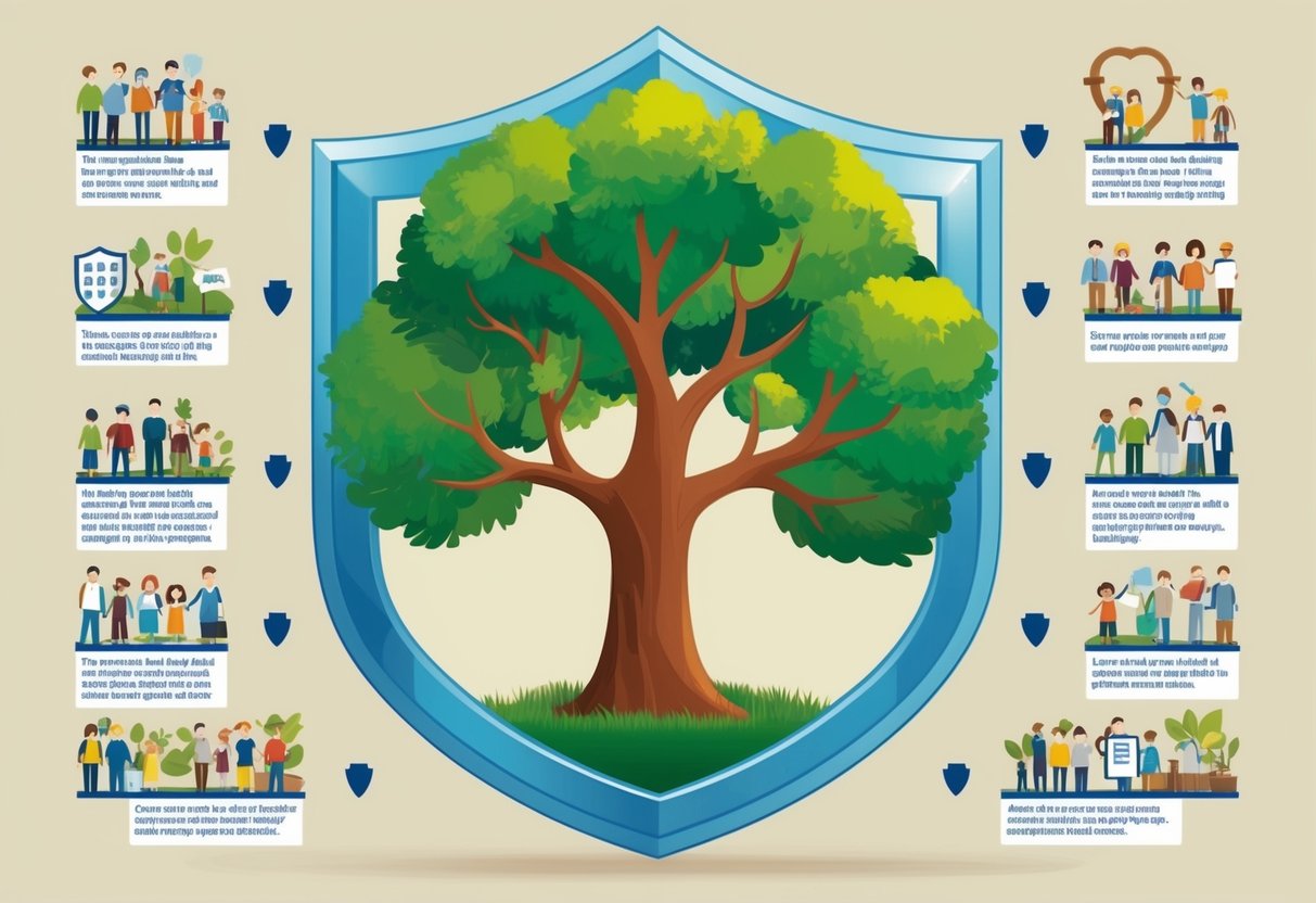 A family tree surrounded by a protective shield, with eight branches representing different ways to safeguard children's inheritance through estate planning