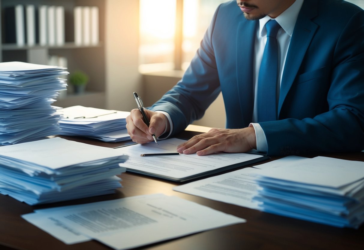 A person signing legal documents with a confused expression while surrounded by stacks of papers and a disorganized desk