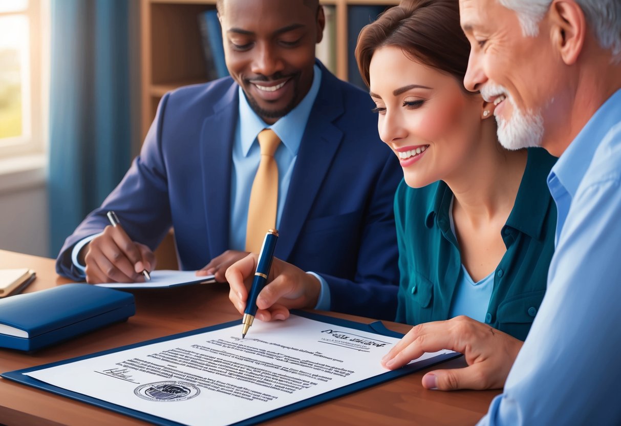A person signing a document with a notary stamp and another person looking on with a sense of relief and assurance