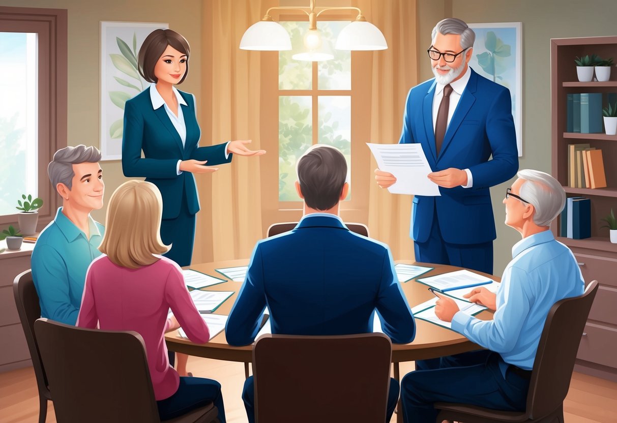 A family sitting around a table, with a lawyer presenting documents and discussing estate planning and life insurance policies