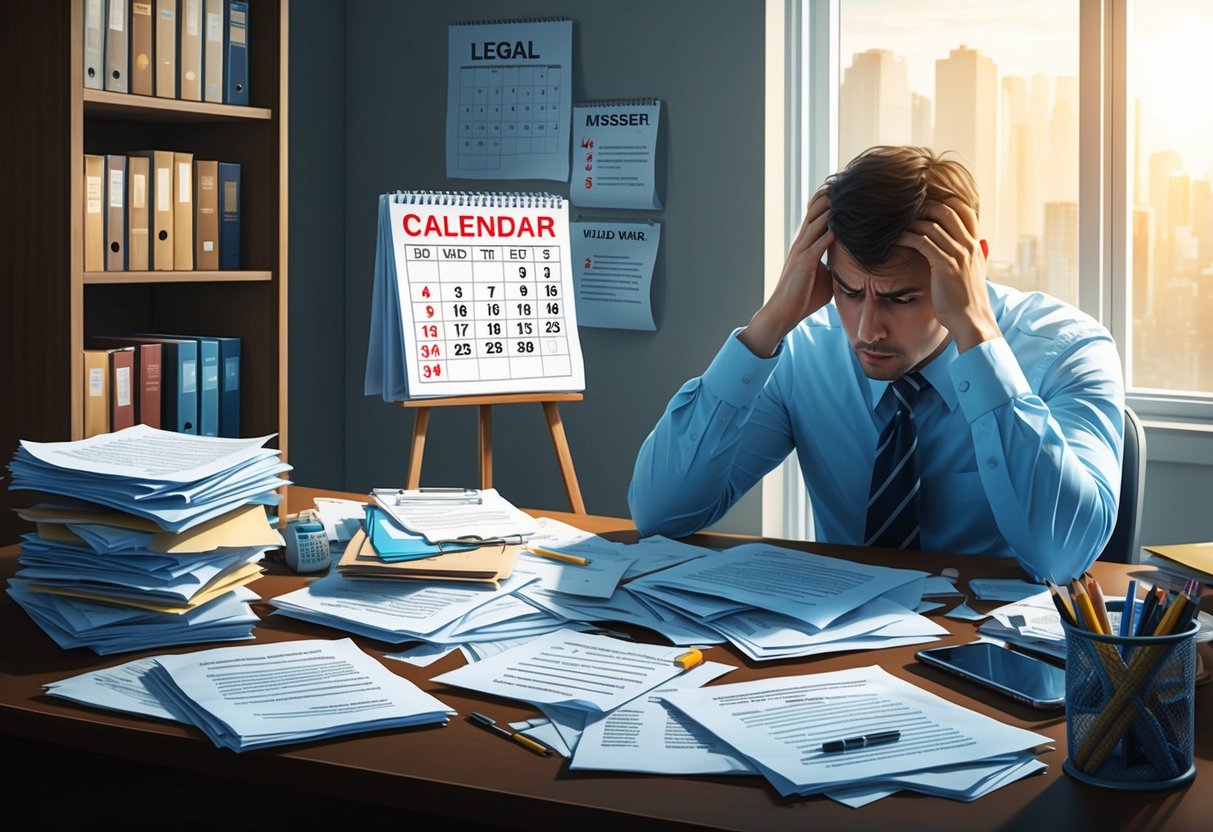 A cluttered desk with scattered legal documents, a calendar showing missed deadlines, and a confused individual scratching their head