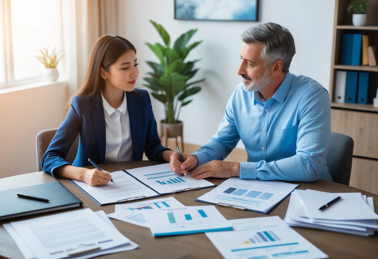 A parent and child sit at a table with legal documents, discussing estate planning and setting up a UTMA account. Important papers and financial documents are spread out on the table