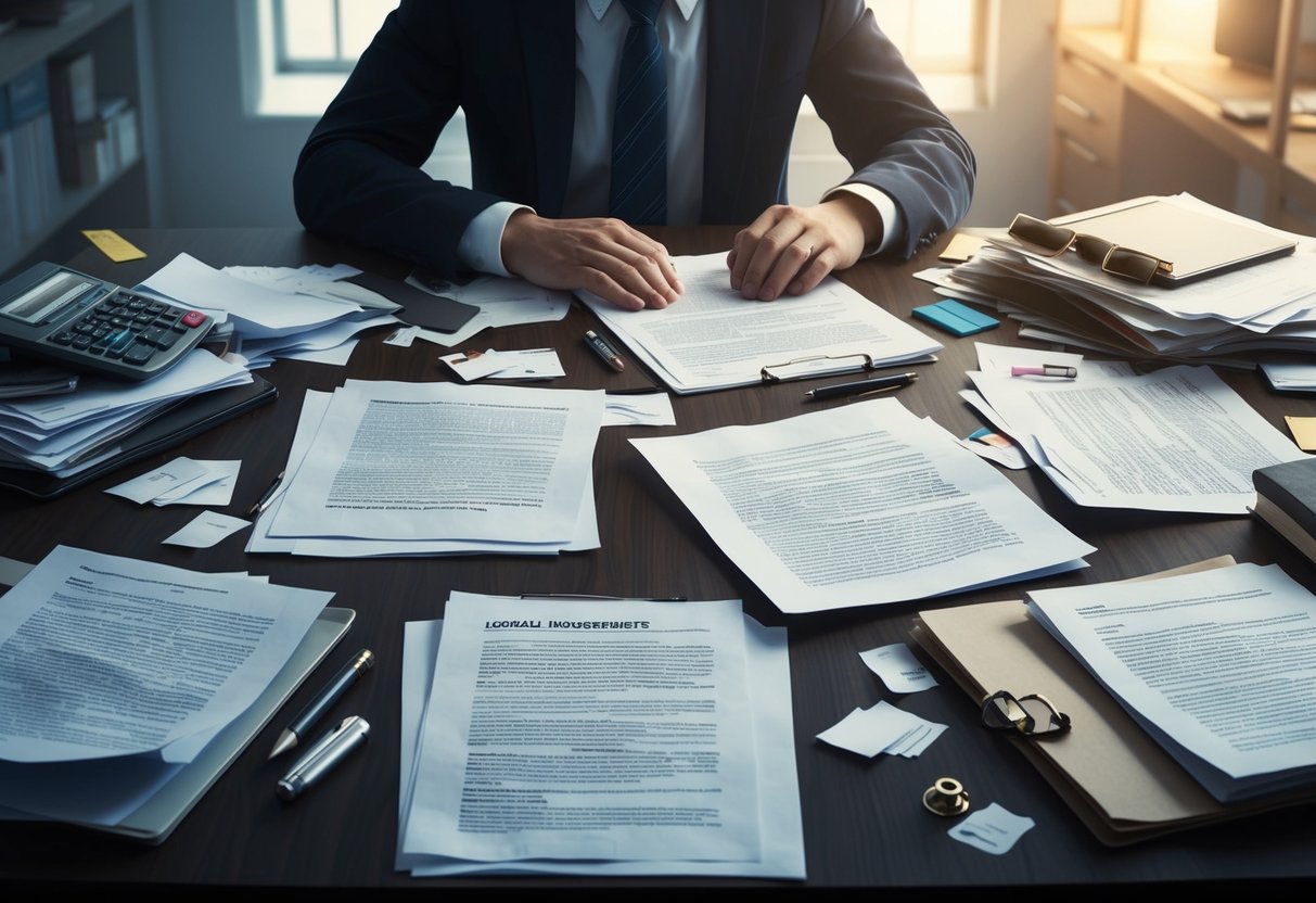 A cluttered desk with scattered papers, open legal documents, and a confused expression on a person's face