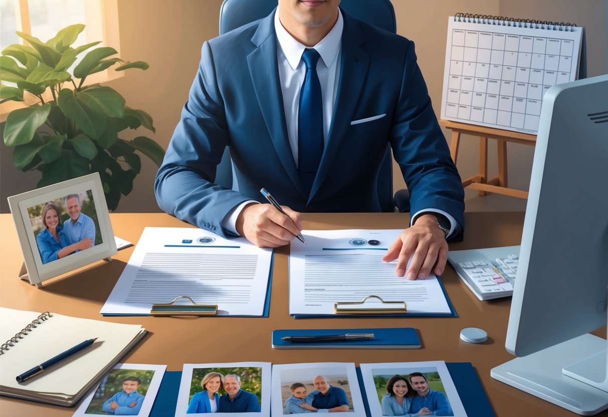 A person sitting at a desk with legal documents, a pen, and a computer, surrounded by family photos and a calendar
