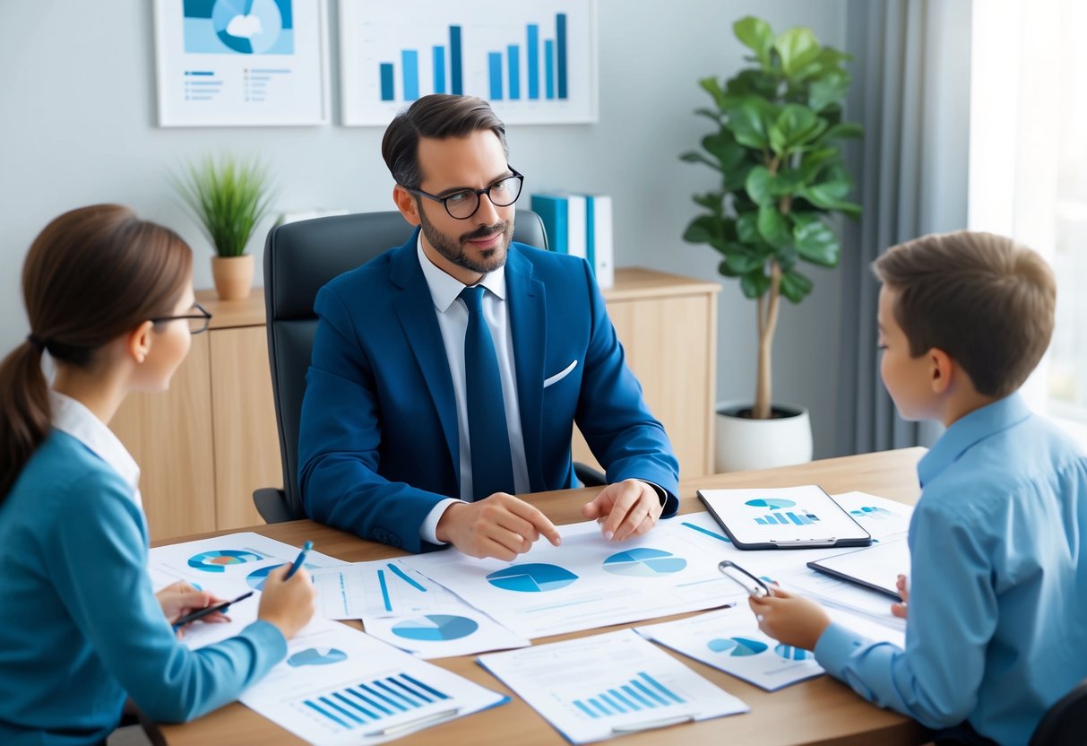 A financial advisor sitting at a desk, discussing estate planning with a family. Documents and charts are spread out on the table