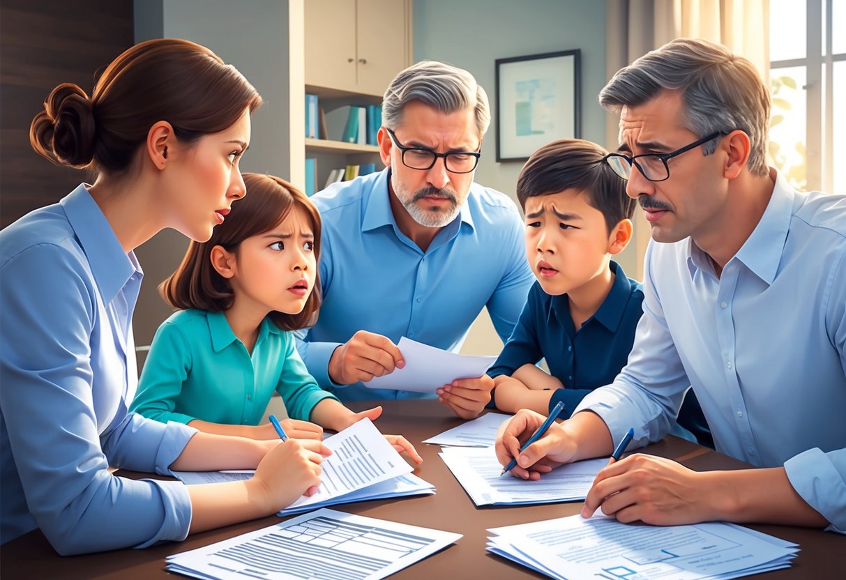 A family gathered around a table, looking frustrated and confused while discussing legal documents and papers