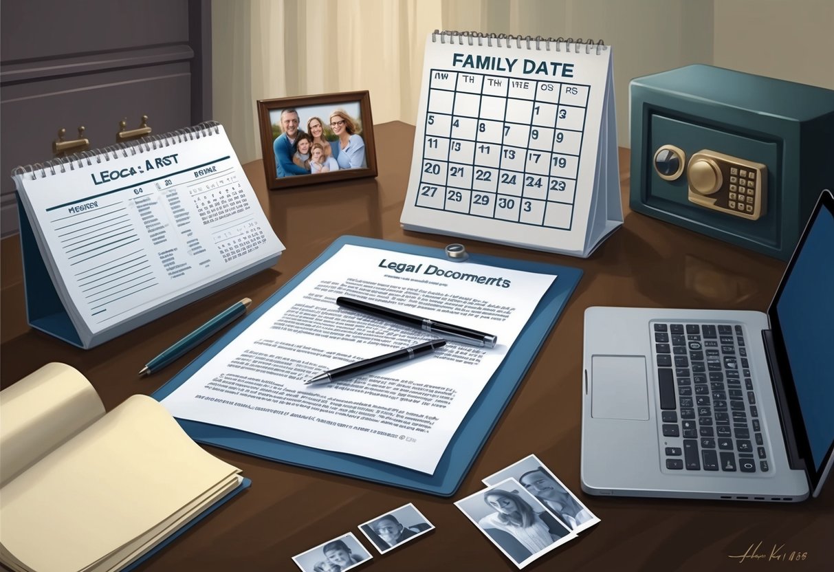 A desk with legal documents, a pen, and a laptop. A calendar showing significant dates. Family photos and a safe in the background