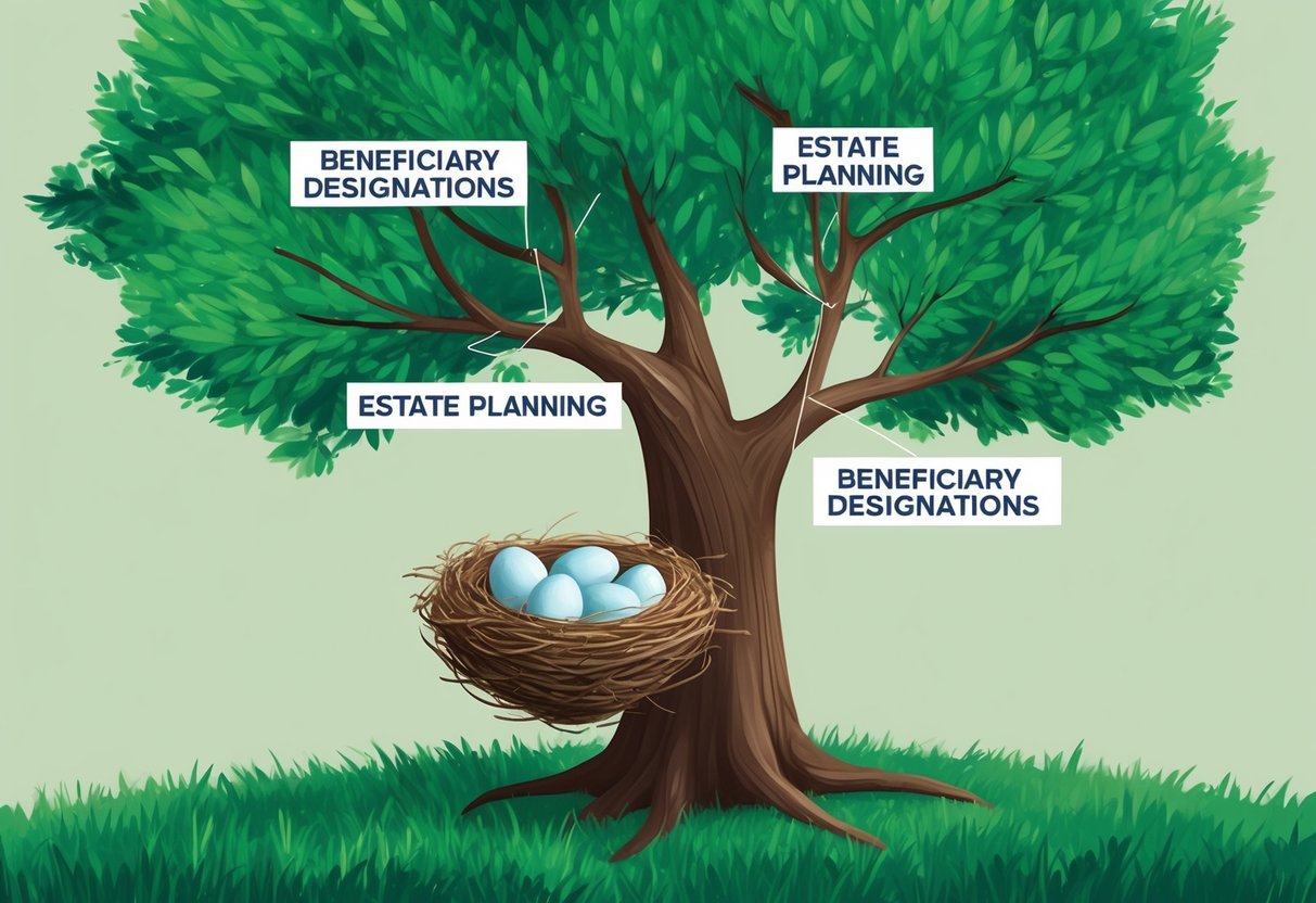 A family tree with branches labeled "Beneficiary Designations" and "Estate Planning" protecting a nest filled with eggs