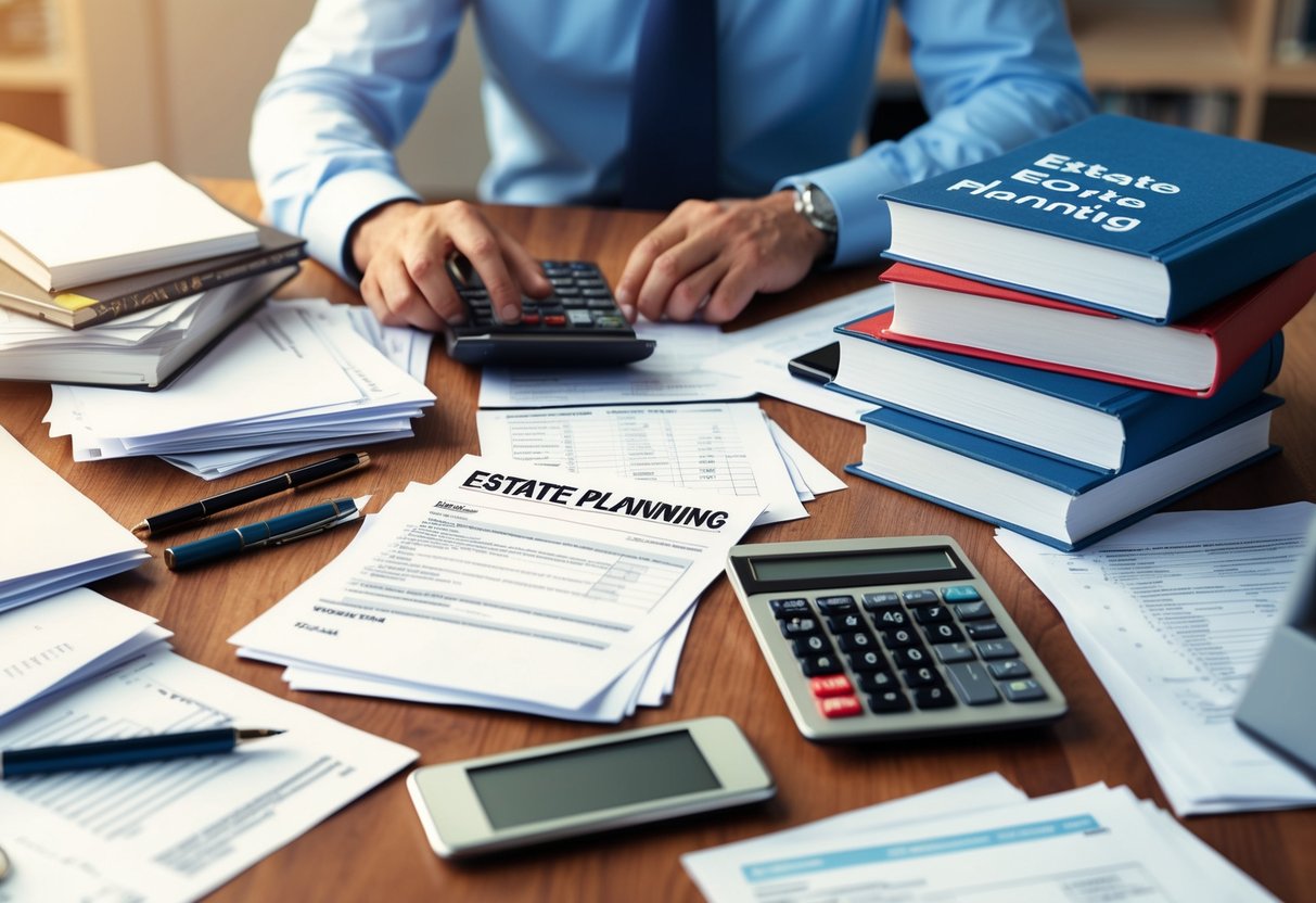 A cluttered desk with scattered papers, a calculator, and a stack of books on estate planning. A person is furrowing their brows while looking over complicated tax forms