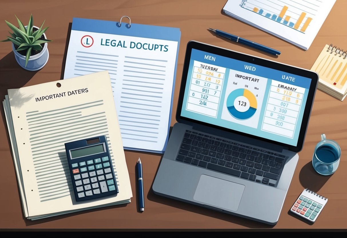 A desk with legal documents, a pen, and a calculator. A calendar with important dates circled. An open laptop displaying financial information