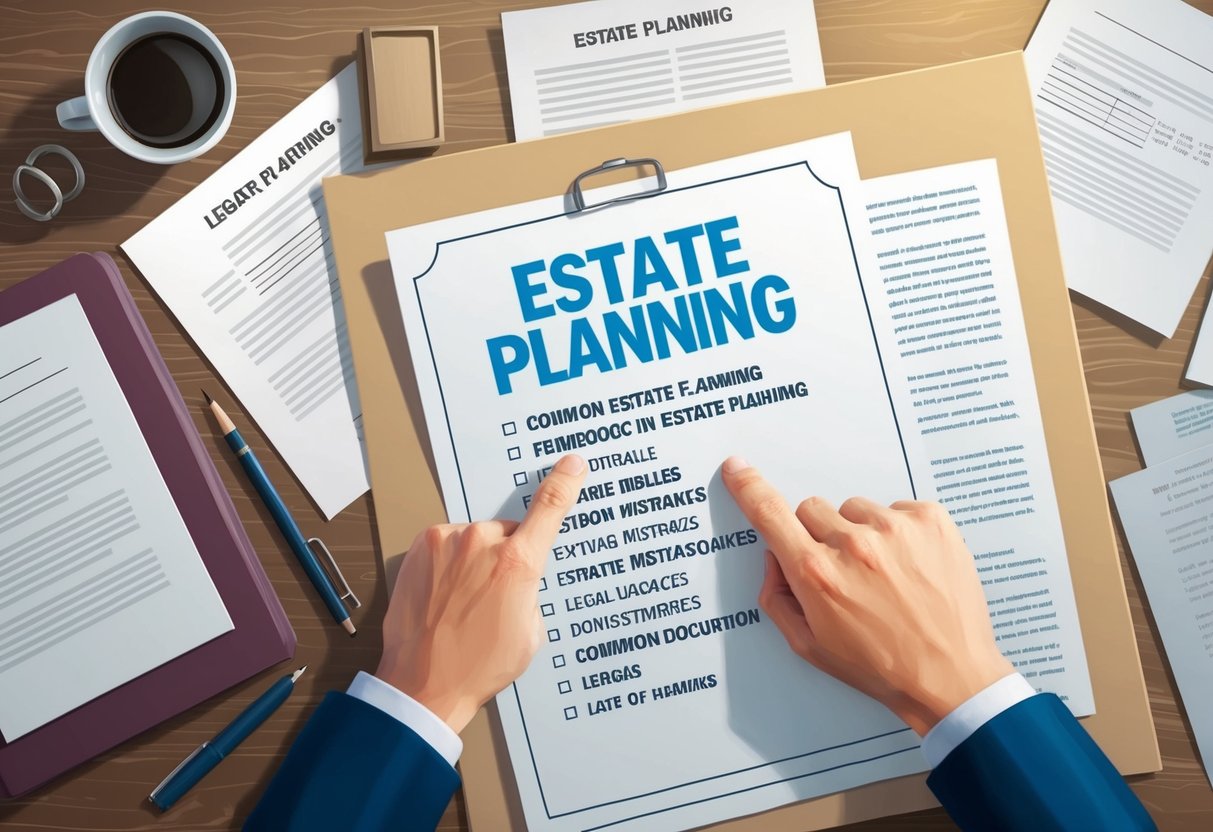 A person pointing to a list of common mistakes in estate planning, surrounded by legal documents and a confused expression