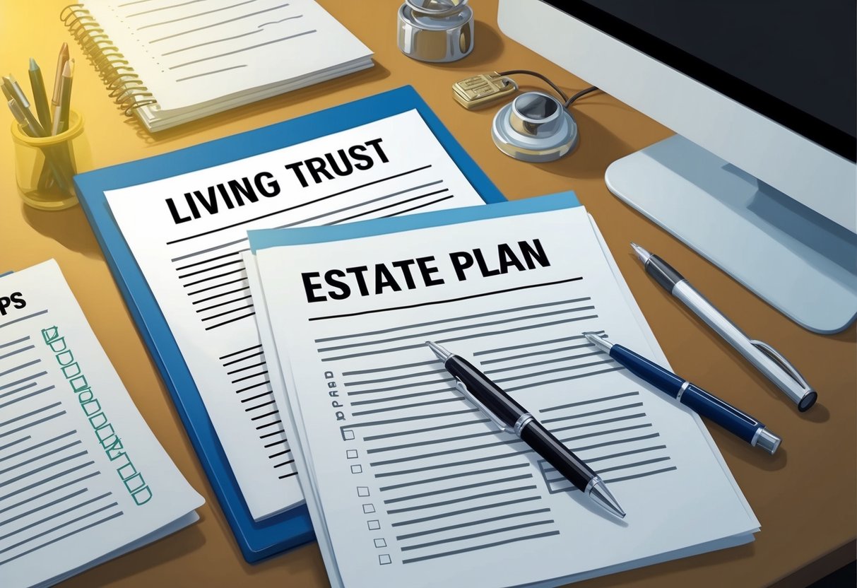 A desk with a legal pad, pen, and computer. Documents labeled "Living Trust" and "Estate Plan" are spread out, with a checklist of 9 steps nearby