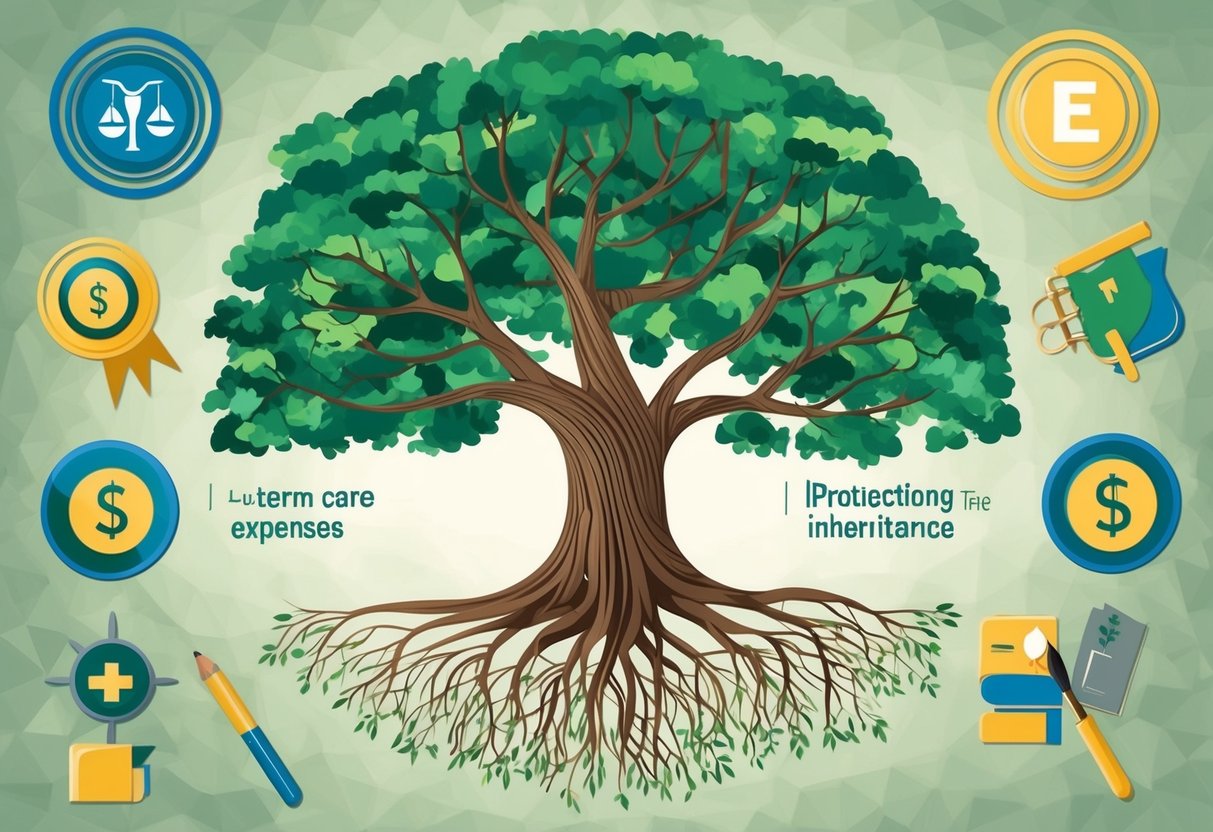 A family tree with roots representing long-term care expenses and branches protecting the inheritance, surrounded by symbols of estate planning tools